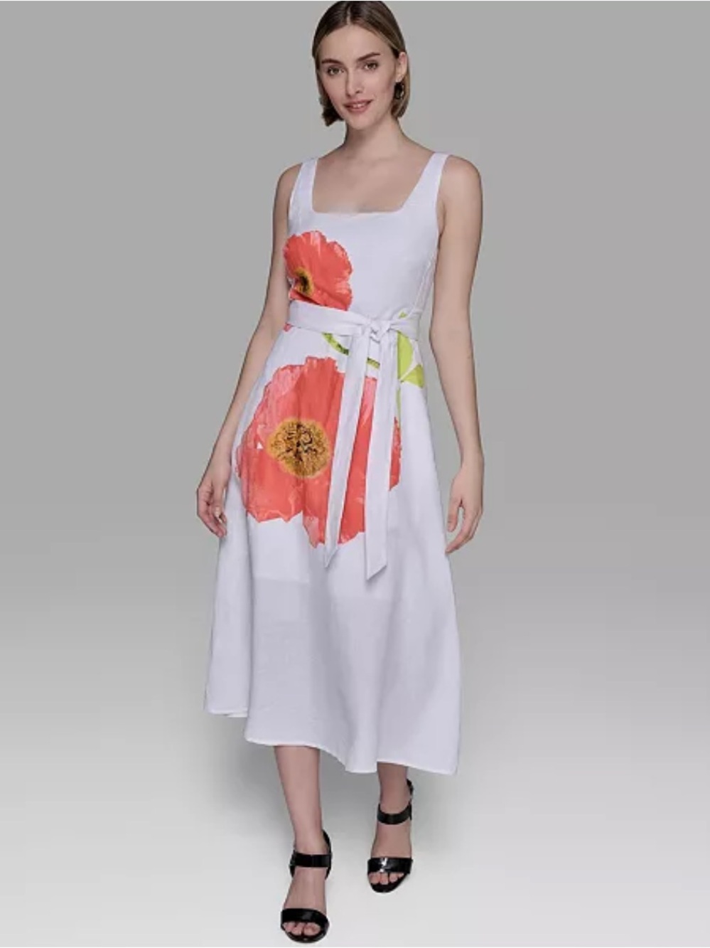 Karl Lagerfeld Paris Beaded Floral Linen Blend Belted Midi Dress Size 6 - Picture 2 of 12